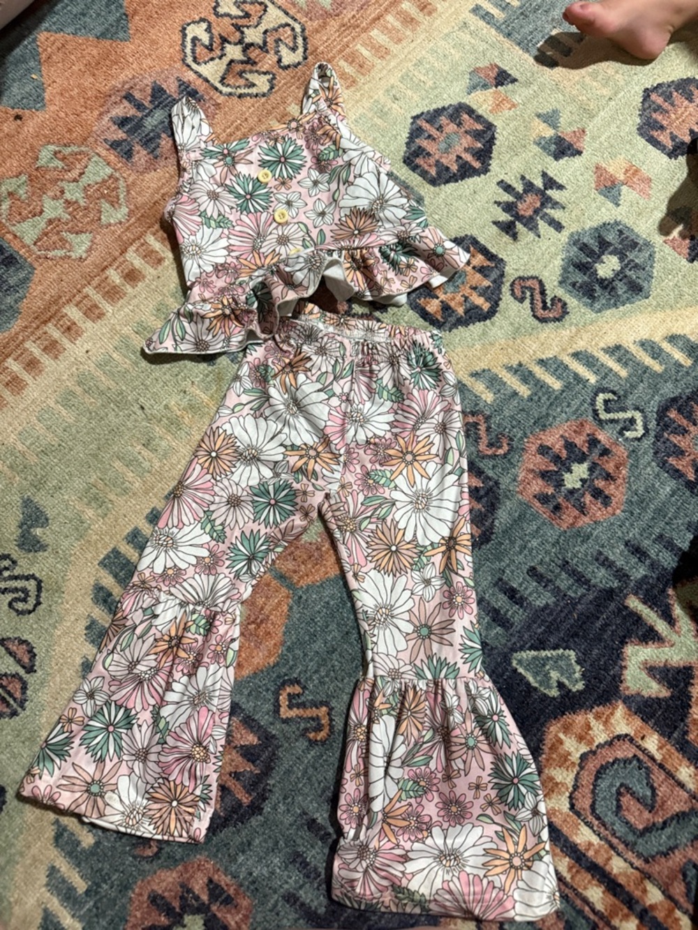 Floral Ruffle Two-Piece Jumpsuit Set - Pink & Green